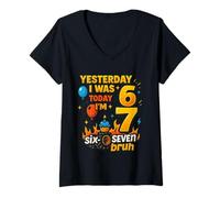 Womens Yesterday I was 6 Today I’m 7 Six Seven Bruh Birthday Shirt V-Neck T-Shirt