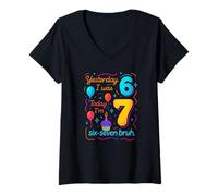Womens Yesterday I was 6 Today I’m 7 Six Seven Bruh Birthday Shirt V-Neck T-Shirt