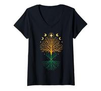 Womens Yggdrasil and Moon Phases Spiritual Pagan Wicca Symbol V-Neck T-Shirt