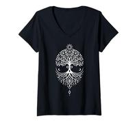 Womens Yggdrasil for Couples Norse Love Symbol with Heart and Moon V-Neck T-Shirt
