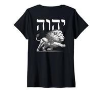 Womens YHWH Hebrew Name with Lion of Judah Bold Faith Back Print V-Neck T-Shirt