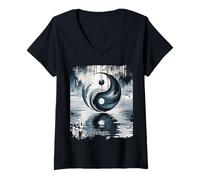 Womens Yin Yang Brush Stroke Reflection Symbolic Abstract Zen Art V-Neck T-Shirt