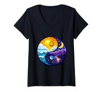 Women's Yin Yang Nature Balance Sun Moon Ocean Mountain V-Neck T-Shirt