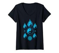 Womens Yin Yang Om Sacred Geometry Fire Flower of Life Spiritual V-Neck T-Shirt