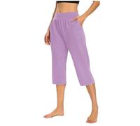 Womens Yoga Capris Loose Fit Elasticated Waist Cropped Pants Ladies Stretchy High Waist Summer Trousers Activewear with Pockets Jogging Bottoms for Sports and Leisure A02Purple