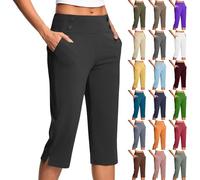 Womens Yoga Dress Capri Pants Elastic High Waisted Pull On Cropped Trousers Ladies 3/4 Below Knee Length Athletic Workout Shorts Business Casual Dressy Slacks for Women Office Work Blue