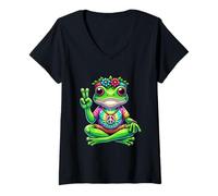 Womens Yoga Frog Hippie 70s Vibe, Peace, Love & Meditation V-Neck T-Shirt