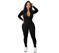 Women's Yoga Jumpsuit Sexy Sports V-Neck With Zip Long Sleeve Bodysuit Stretch Romper Playsuit Comfortable Slim Fit One-Piece Trouser Suit Dungarees, Black, M