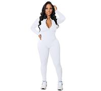 Women's Yoga Jumpsuit - Sexy V-Neck Sports Bodysuit With Zip, Long Sleeve, Stretch Romper Playsuit, Comfortable Slim Fit One-Piece Trouser Suit Dungarees, White, L