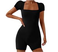 Womens Yoga Jumpsuits Workout Athletic Rompers Square Neck Short Sleeve Short Rompers Fitness Sports Playsuits Bodycon Bodysuits Summer Short Leg Jumpsuit Tight Gym Overalls Shorts Fitness Jumpsuit