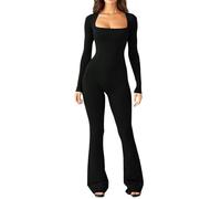 Womens Yoga Long Sleeve Exercise Jumpsuit Long Sleeve Square Neck Solid Slim Fit Romper Clubwear Backless Jumpsuit for Women Workout One Piece Bodysuit Black XL
