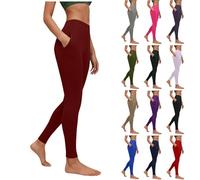 Women's Yoga Pants with Pockets Workout Running Gym Leggings Solid Color Tight Sports Pants Ladies Tummy Control Strench Leggings for Hiking Ski Cycling,Moisture Wicking Soft Wine