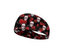 Women's Yoga Sweatband Red Roses Skulls Print Sport Athletic Headband for Running Sports Travel Vintage Skull Floral Fitness Elastic Hairband Black