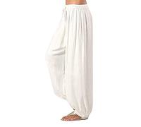 Women's Yoga Trousers, Long, High Waist: Harem Trousers, Elegant Women's Summer Trousers, Plain Cotton Aladdin Trousers, Large Size, Balloon Trousers, Baggy Harem Trousers, Casual Trousers, White, M
