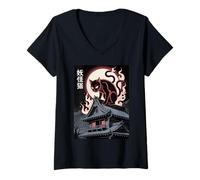 Womens Yokai Cat Spirit Japanese Ghost with Flames Full Moon V-Neck T-Shirt