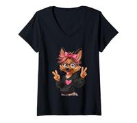 Women's Yorkie Girl Double Peace Sign Pink Bow Pop Graphic Playful V-Neck T-Shirt