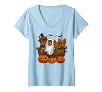 Womens Yorkie Halloween Funny Yorkshire Terrier Dog Trick or Treat V-Neck T-Shirt