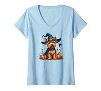 Womens Yorkie, Halloween, Yorkshire Terrier, Witch's Hat V-Neck T-Shirt