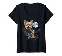 Women's Yorkie Howling at Moon Funny Yorkshire Terrier Dog Lover V-Neck T-Shirt