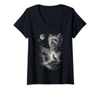 Women's Yorkie Howling At Moon Night Vintage 90s Yorkshire Dogs V-Neck T-Shirt
