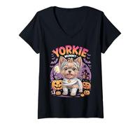 Womens Yorkie Mummy Halloween Costume Dog Owner Yorkshire Terrier V-Neck T-Shirt
