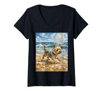 Women's Yorkshire Terrier at The Beach Yorkie Dog Summer Artwork V-Neck T-Shirt