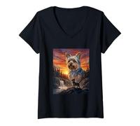 Women's Yorkshire Terrier Dog Lover Vintage Sunset Forest Art V-Neck T-Shirt