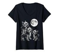 Women's Yorkshire Terrier Howling At Moon Yorkie V-Neck T-Shirt