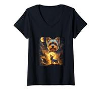 Women's Yorkshire Terrier Howling to The Moon Forest Night Fantasy V-Neck T-Shirt