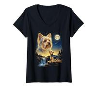 Women's Yorkshire Terrier Howling to The Moon Meme Funny 90's Dog V-Neck T-Shirt