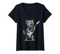 Womens Yorkshire Terrier Playing Guitar Rock Music Dog Lover V-Neck T-Shirt