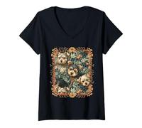 Women's Yorkshire Terrier Puppies Flower Garden V-Neck T-Shirt