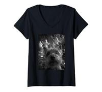 Womens Yorkshire Terrier Selfie Ghosts Haunted Forest Halloween Dog V-Neck T-Shirt