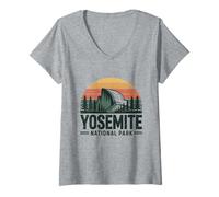 Womens Yosemite National Park Half Dome Retro Sunset V-Neck T-Shirt