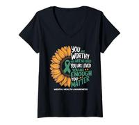 Womens You Are Worthy Needed Loved Sunflower Green Ribbon Awareness V-Neck T-Shirt
