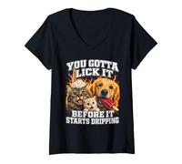 Women's You Gotta Lick Before It Starts Dripping Cat V-Neck T-Shirt