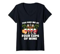 Womens You Had Me At Four Cups Of Wine Funny V-Neck T-Shirt