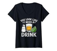 Women's You Look Like I Need a Drink, Mexican Tequila Drinking V-Neck T-Shirt