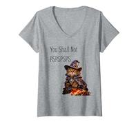 Women's You Shall Not PSPSPSPS, Cute Cat in Wizard Costume V-Neck T-Shirt