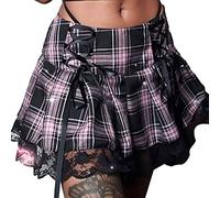 Women's Young Girl's Plaid Pleated Mini Skirts Harajuku Gothic Style Lace Patchwork Ruffle Shrot Skirts E-Girl Clothing (Pink Plaid, XL)
