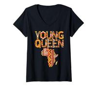 Women's Young Queen Africa Map Kente Pattern Black History Month V-Neck T-Shirt