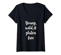 Women's Young, Wild, & Gluten Free Funny Celiac Saying V-Neck T-Shirt