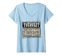 Womens Youngest Daughter Checkered Leopard Family Matching Outfit V-Neck T-Shirt