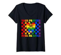 Womens Your Prayers Make Me Gayer Funny Gay Pride Flag LGBTQ V-Neck T-Shirt