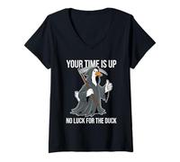 Womens Your Time is Up No Luck for The Duck Funny Reaper Goose V-Neck T-Shirt