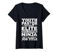 Women's Youth Pastor Because Elite Devil Stomping Ninja Silhouette V-Neck T-Shirt
