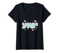 Women's YUM! Cute Pink Blue Bubble Letters Hearts Stars V-Neck T-Shirt