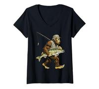 Womens Zander Bigfoot Fisherman River Fishing Sasquatch V-Neck T-Shirt
