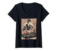 Womens Zen DJ Monk Waves - Turntable Spiritual Beat V-Neck T-Shirt
