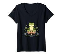Womens Zen Frog Lotus Funny Yoga Meditation Nature Design V-Neck T-Shirt